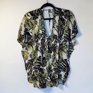 Abercrombie & Fitch Tropical Palm Leaf Swim Cover Up Green XS/S Smocked Tassel